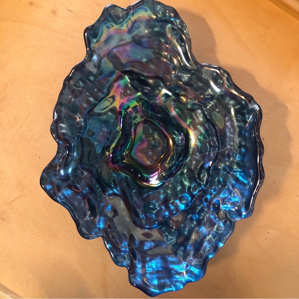 OYSTER GLASS AKCAM TURKISH PLATE COASTAL COLLECTION ART GLASS IRIDESCENT BLUE